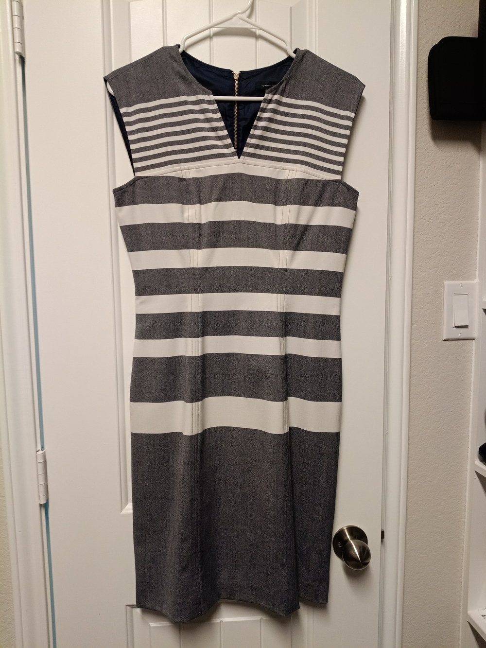 Tommy Hilfiger Navy and White Striped V-Notch Sheath Dress